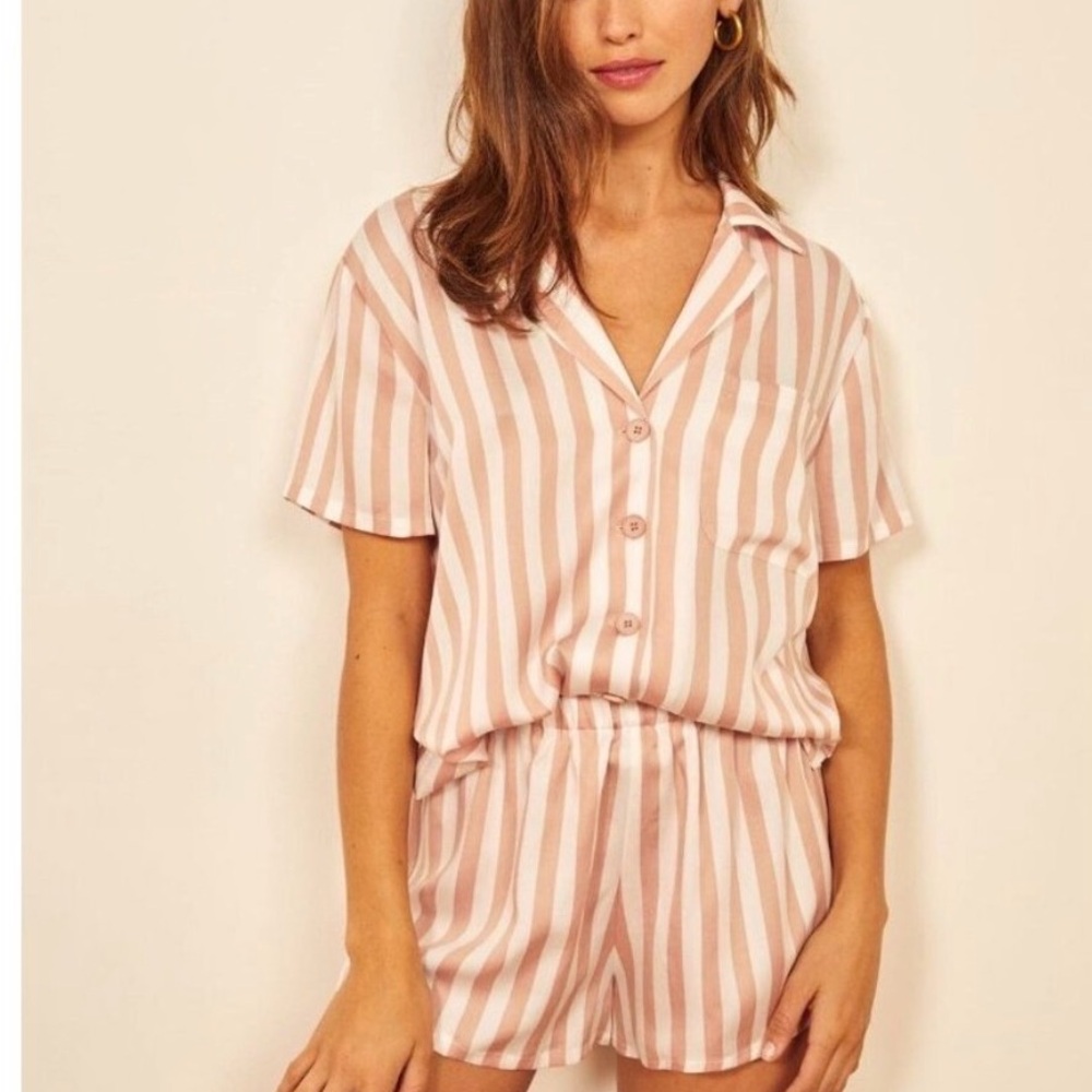 REFORMATION Cameran Pink Striped Lyocell Button Up Pajama Shirt, Size M